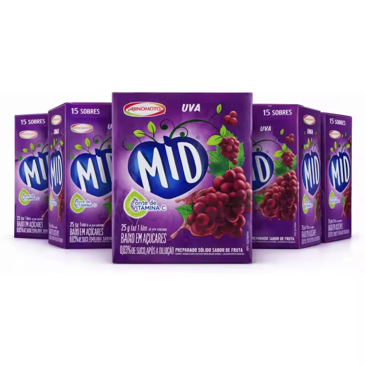 AJINOMOTO MID Bebida en Polvo (15 Sobres) – Sabores Variados: Uva, Naranja, Guaraná, Mango, Fresa, Piña (Abacaxi), Cajú, Goiaba y Vainilla (Baunilha) | Refresco Instantáneo, Bajo en Azúcar, Fuente de Vitamina C, 1L por Sobre - 1