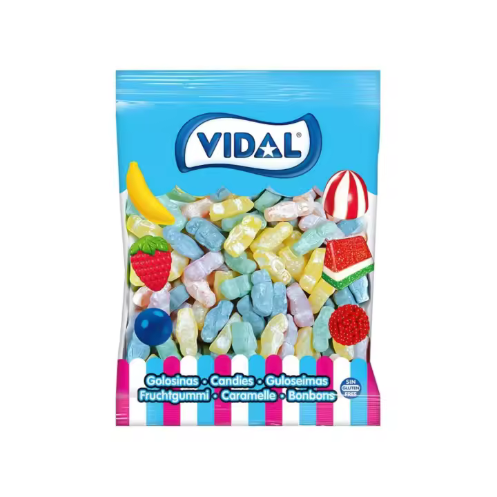 Vidal Jelly Babies en bolsa de 1 Kg - Sabroso y divertido surtido de ositos de diversos olores y colores - Sabor Limón, Naranja, Grosella y Fresa - Con cobertura de azúcar - Tamaño grande - Sin gluten y sin grasa - 1