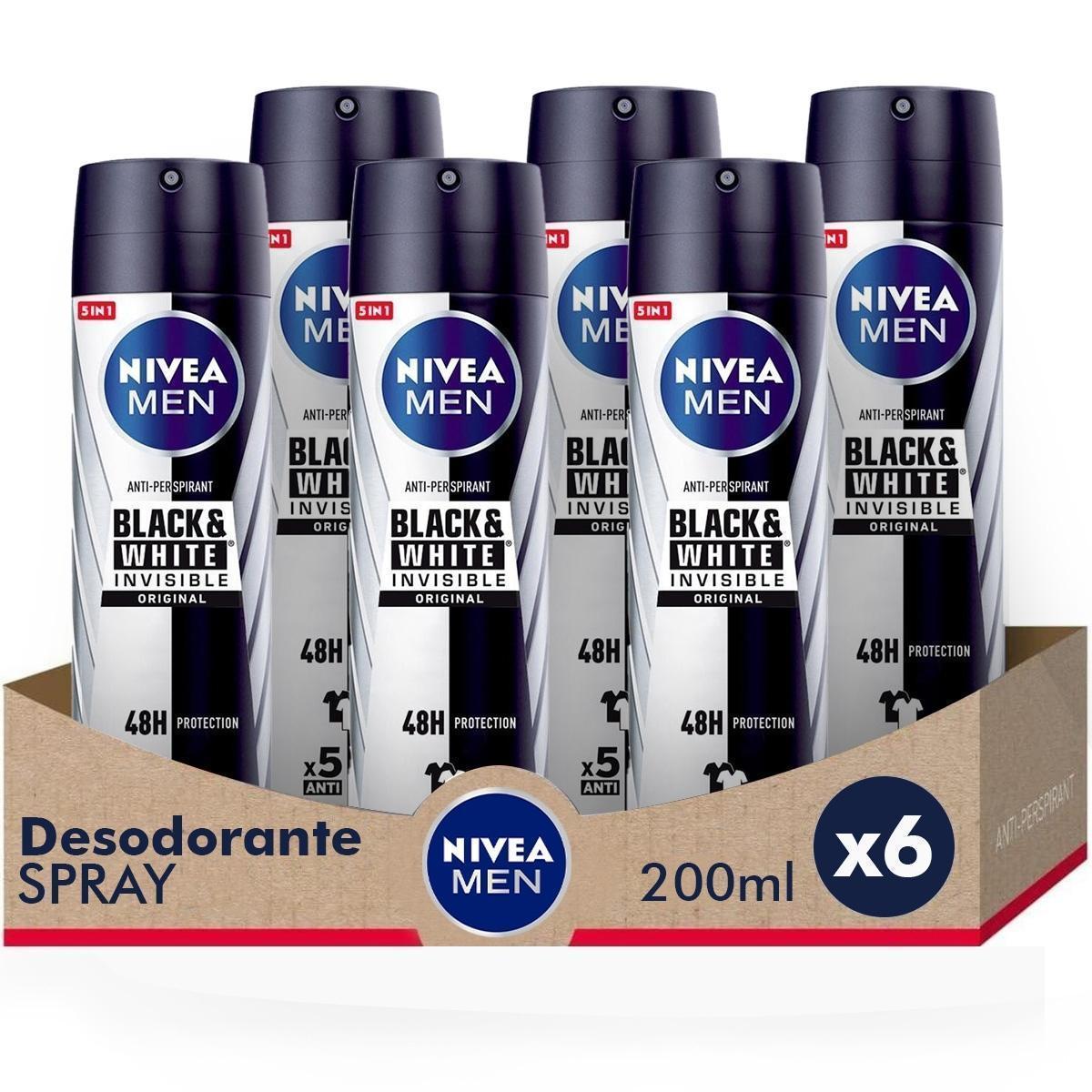 NIVEA MEN Pack ahorro - Black & White Invisible Original Spray Desodorante para hombre 200ml x 6 unidades