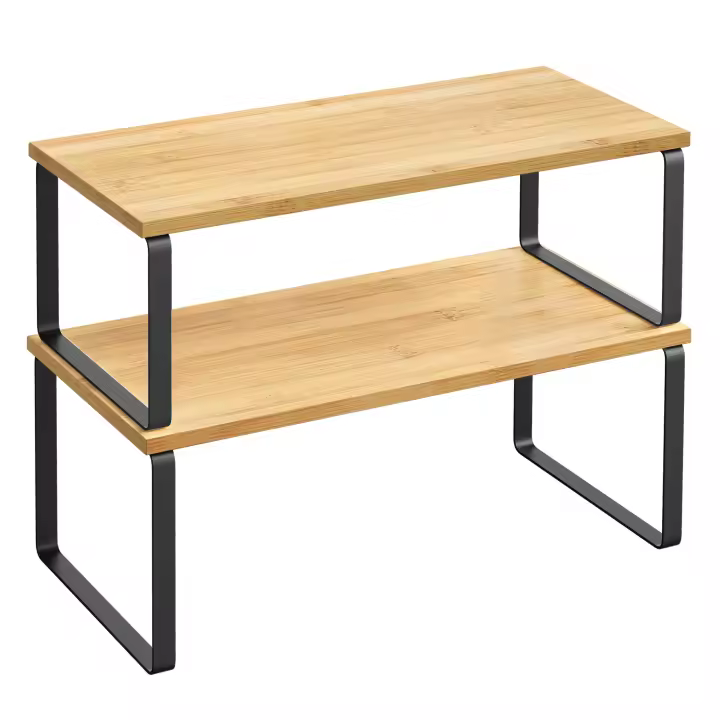 SONGMICS Estante para Especias, Juego de 2, Organizador de Armario, Estante de Almacenamiento de Cocina Extensible, Especiero de Metal y Madera de Ingeniería, Blanco Nube y Beige Natural/Negro Tinta y Beige Natural/Negro Tinta y Marrón Rústico/Negro Ébano - 1