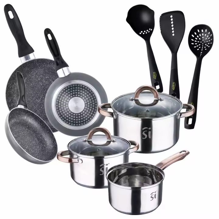 San Ignacio Pack Cocina: Batería de Cocina Onil 5 piezas (acero inoxidable, apta inducción) + Set de 3 Sartenes de aluminio - 7 colores - 1