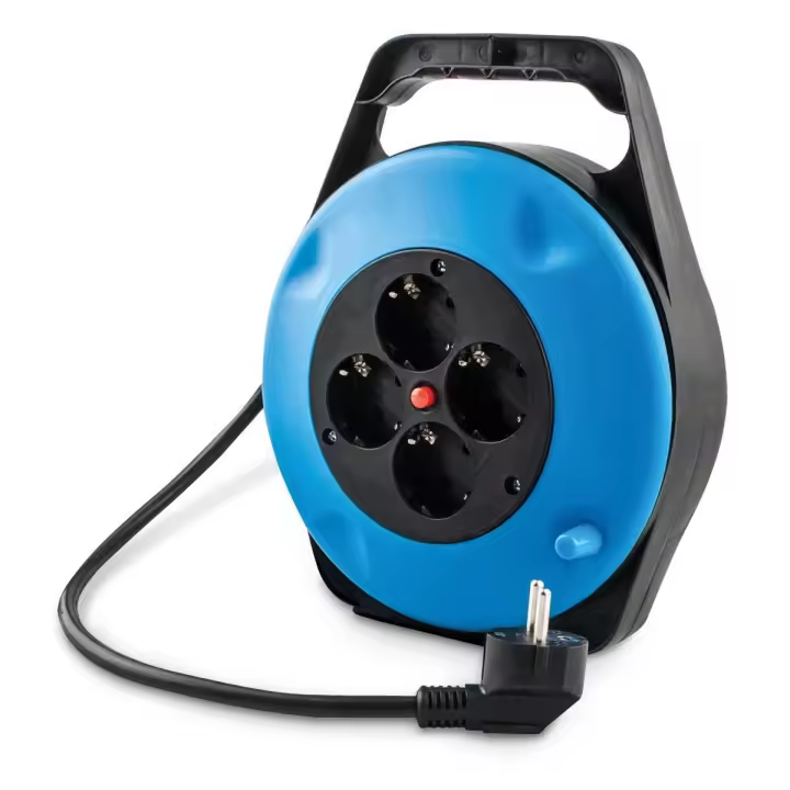 Alargadera Onlex Enrollable 4 Tomas 5 ó 10 metros de cable - Obturador para protección infantil - Soporte estable, ligero y facil de transportar gracias a su asa - 1