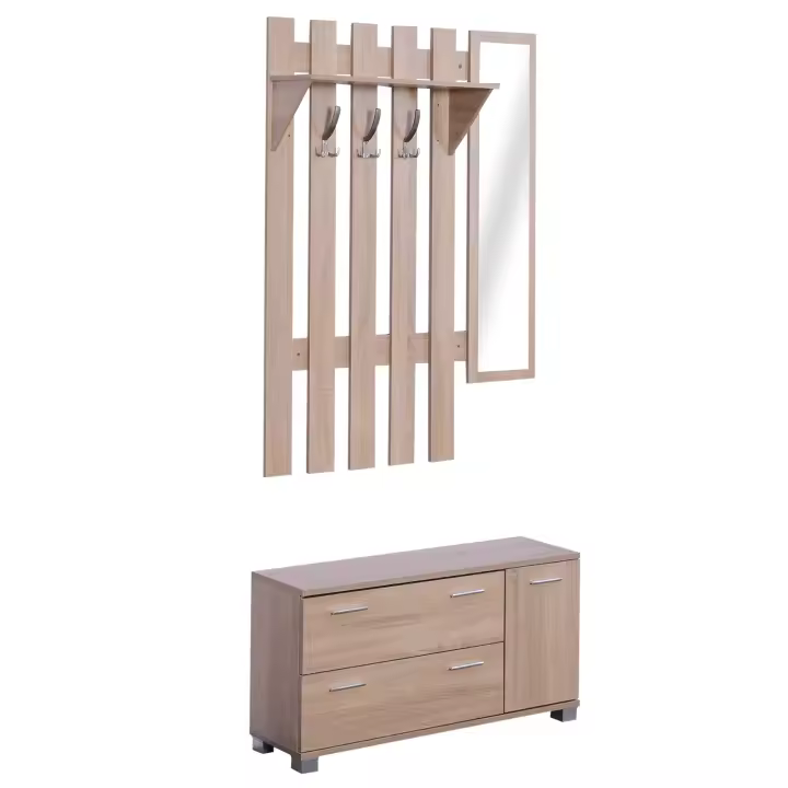 HOMCOM 3 EN 1 Conjunto de Muebles de Entrada Recibidor Pasillo Set de 3 Piezas Perchero Espejo Zapatero 2 Cajones - 1