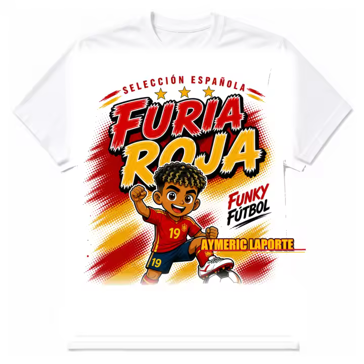 Stock Futbol Camiseta Blanca Selección Española 2026 Muñeco Funky Aymeric Laporte, Frase Furia roja, Diseño Fútbol Rojo y Amarillo para Afición España - Talla S - 1