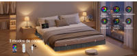 VASAGLE Marco de Cama Flotante, 160 x 200 cm, Bordes Acolchados, LED, 2 Tomas de Corriente, 1 Puerto USB-A, 1 Puerto USB-C, 1 Puerto USB-A Posterior, Carga de 500 kg, Gris Pizarra - details 1