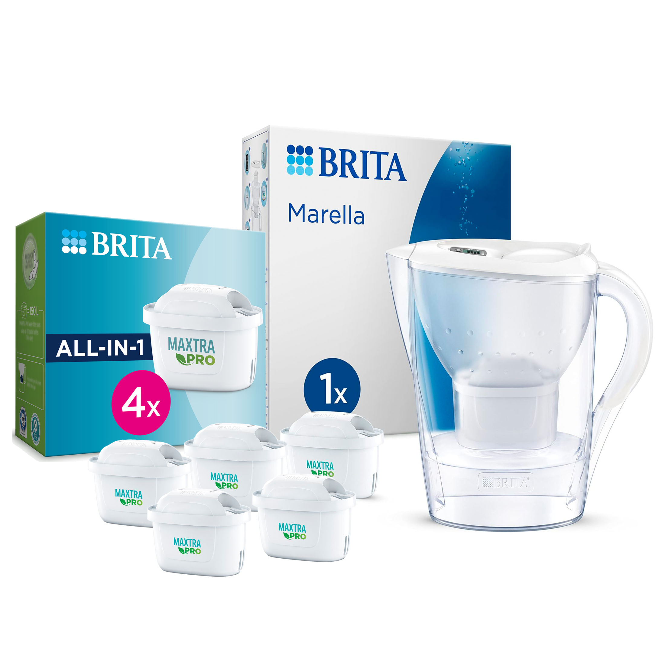 BRITA Jarra Filtrante, Modelo Marella | Marella XL | Aluna | Style | Cristal + 5 Filtros MAXTRA PRO | Hasta 150L agua filtrada | Sin BPA | Apta lavavajillas | Indicador Memo | Reduce cal, cloro y metales | Diseño sostenible