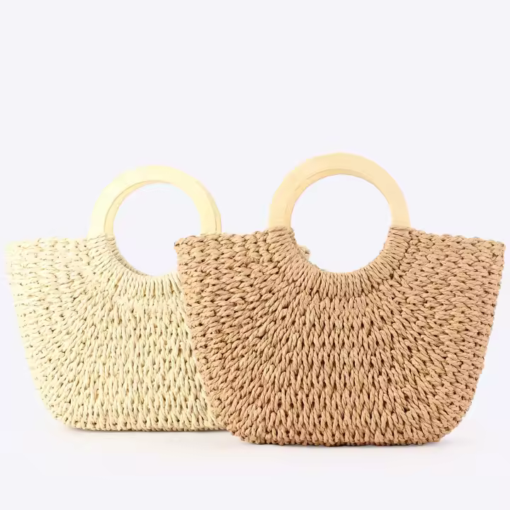 MOV Bolso tejido a mano con cuerda de papel y asa de madera, color liso, bolso sencillo, bolso de playa, bolso de mujer de gran capacidad. - 1