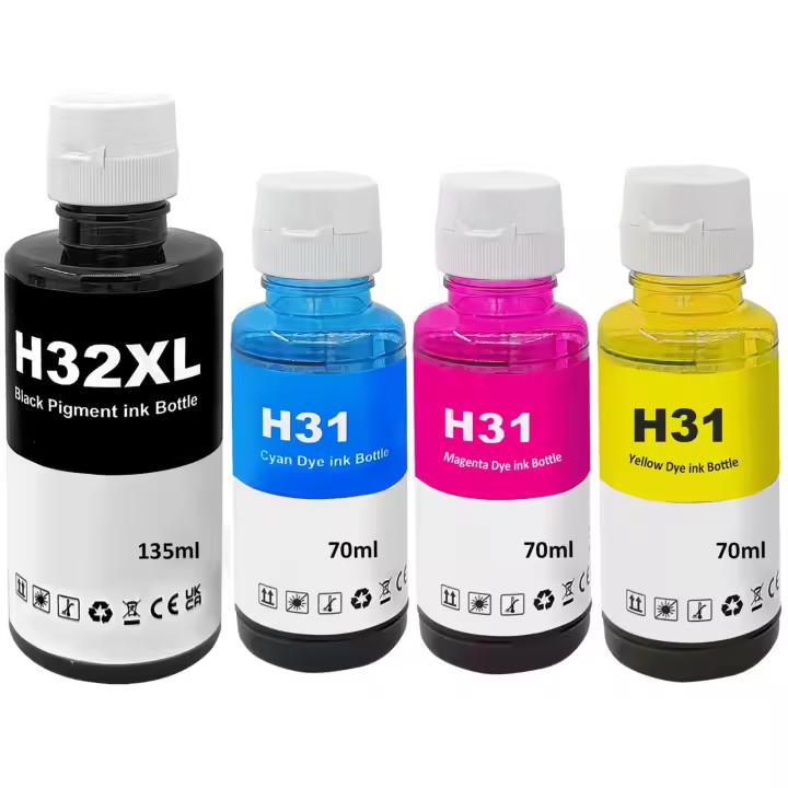 pack 4 botellas de tinta compatible HP 32XL negro + HP 31 Cián - Magenta - Amarillo - 1