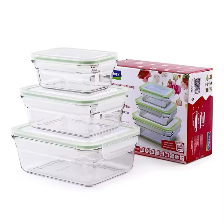 Glasslock Oven Safe - Lote de 3 Recipientes Rectangulares de 0.5L, 1L y 1.7L Vidrio Apto Horno - 1