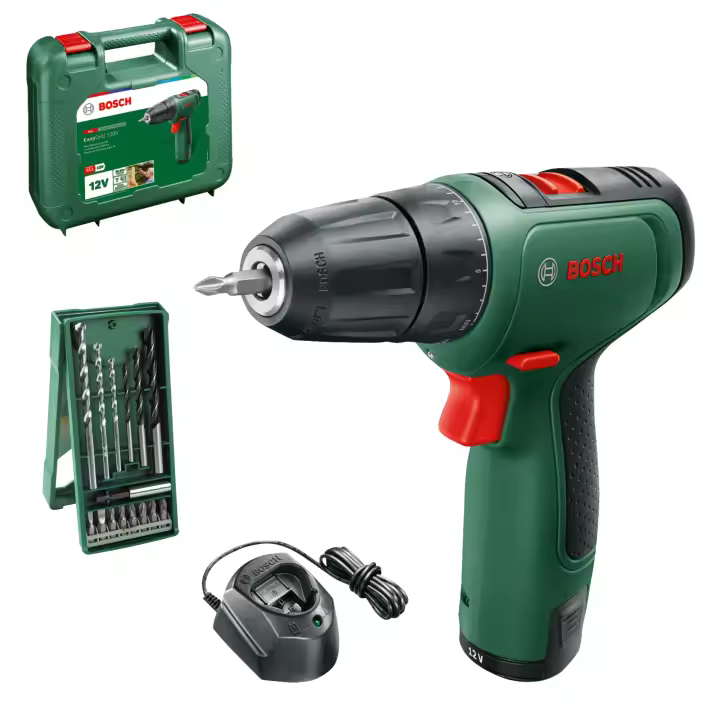 Bosch - Pack Taladro Atornillador a Batería EasyDrill 1200+ Set 15 brocas y puntas de atornillar- 12V, con 1 Batería 1.5Ah, Cargador y Maletín - 1
