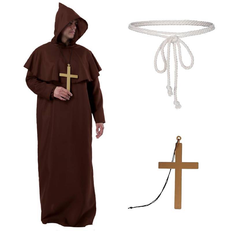 Kebedo Moda Disfraz de Monje Túnica con Capucha, Cinturon y Cruz, Traje de Sacerdote Iglesia, Túnica Medieval del Renacimiento Religión, Cura, Cosplay, Fiesta Halloween, Carnaval para Adultos Hombres