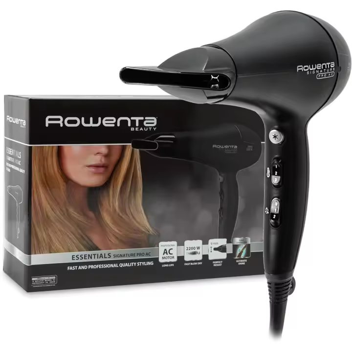 Rowenta Signature Pro Ac CV7810 - Secador de pelo profesional de con motor AC profesional, sistema iónico, 2 posiciones de velocidad, boquilla concentradora y cable extralargo, Color Negro, 2200 W - 1