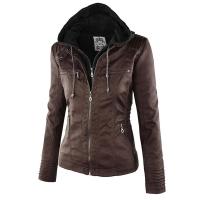 Chaqueta De Cuero Sintético Para Mujer Estilo Motociclista Con Capucha Negro Otoño-invierno Cierre De Cremallera Largo Regular - details 10