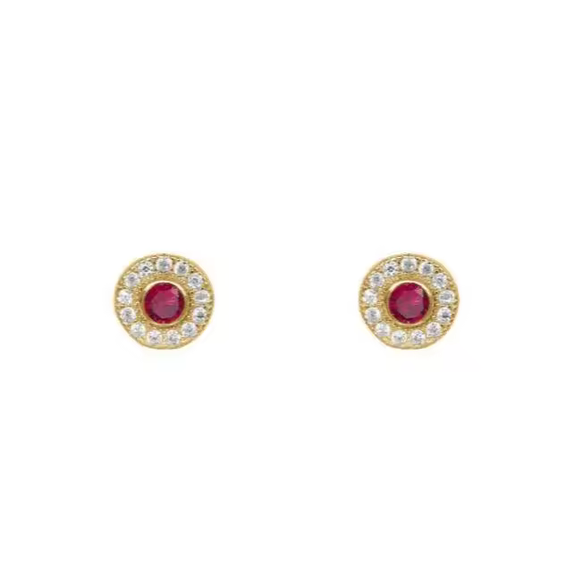 Pendientes Dorados con Piedra Roja y Circonitas, 6 mm, Diseño Redondo ,Ref: CHP158PENP0037 - 1