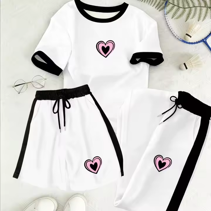 Conjunto De Tres Piezas Para Mujer Estilo Casual Y Versátil Con Estampado De Corazones Rosa Y Negro Camiseta Manga Corta Y Pantalones Largos Para Verano Uso Diario Compras Y Hogar - 1
