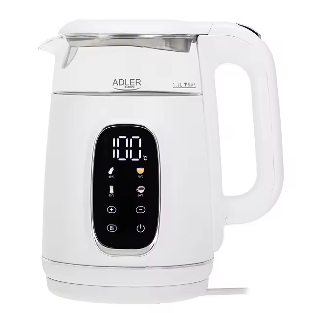 Hervidor eléctrico de vidrio Adler con control de temperatura – 1,7 L – Pantalla LED y control táctil – 5 programas de temperatura – Función de mantenimiento del calor – 2200 W - 1