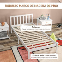 HOMCOM Marco de Cama de Madera Estructura de Cama Somier con Cabecera para Colchón de 90x190 cm (no incluido) Carga 120 kg 198x96x70 cm Blanco - details 2