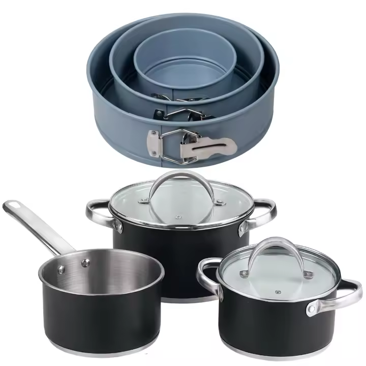 Bateria de cocina 5 pzs (2 cacerolas c/tapa + cazo) acero c/revestimineto+ Delantal de Cocina Gris oscuro 100% Algodón 75x80cm - 1