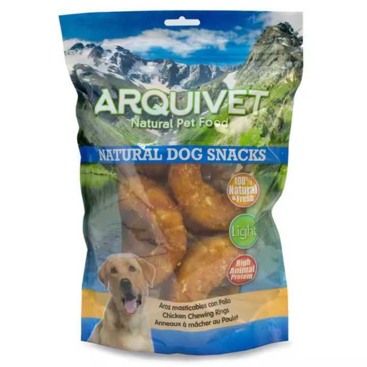 Aros masticables con Pollo 600gr - Roscos masticables - Snacks Natural para Perros - Snack Light Bajo en Grasa - Chuches, golosinas, premios, recompensas para Perros - 6 Donut para perros - Arquivet - 1