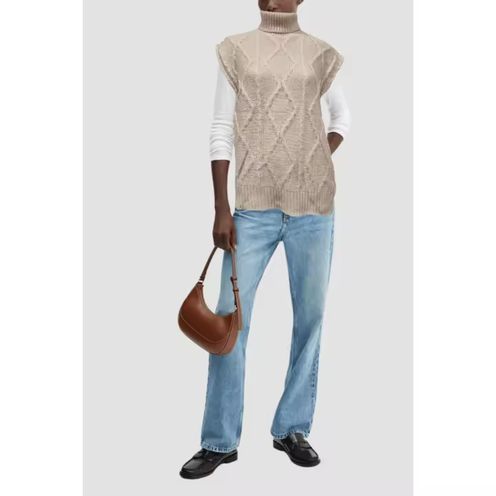 Chaleco punto mujer, suéter sin mangas, bordado, cuello alto, tejido grueso, corte recto, beige, talla única, moda versátil y cálida, ideal capas, look casual elegante, otoño/invierno ✅Entrega 24/48h - 1