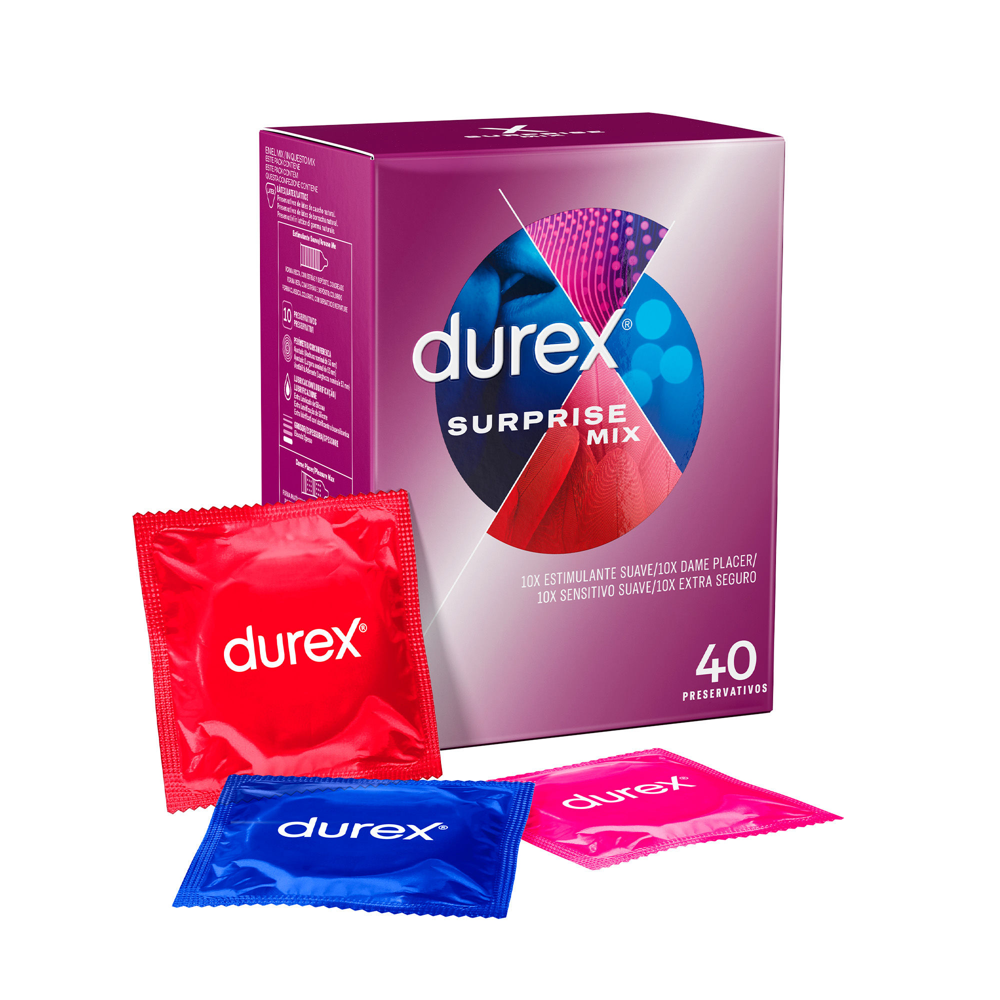 Durex - Preservativos Surprise Mix, 40 Condones Surtidos, Dame Placer, Sensitivo Suave, Extra Seguro y Estimulante Suave