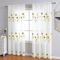Cortina con bordado de girasoles del sudeste asiático para ventana de casa, para dormitorio, sala de estar, con acabado que bloquea la luz, con perforación blanca (1 pieza) - details 0