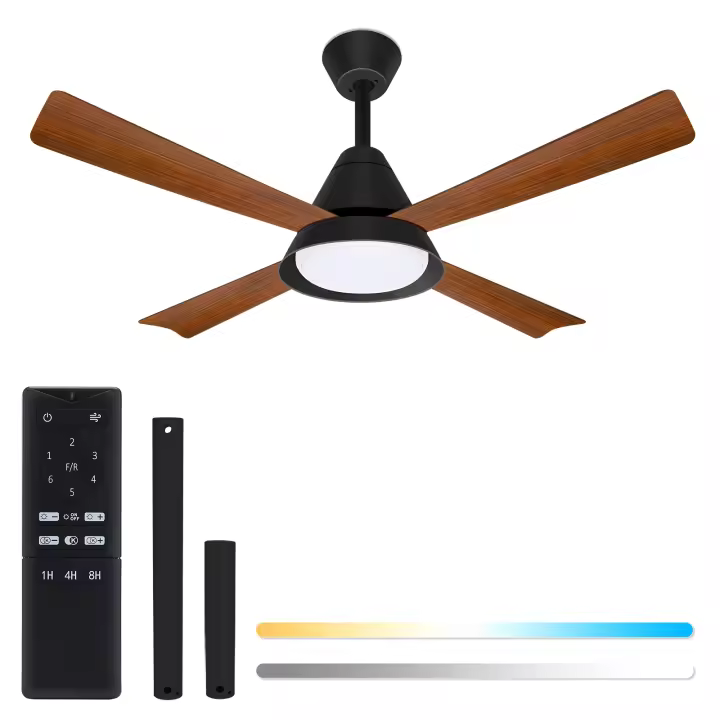 Aigostar ventilador de techo silencioso con luz 4 aspas de imitación de madera motor reversible uso en invierno y verano temporizador 6 velocidades ajuste de brillo y color ahorro de energía Negro - 1