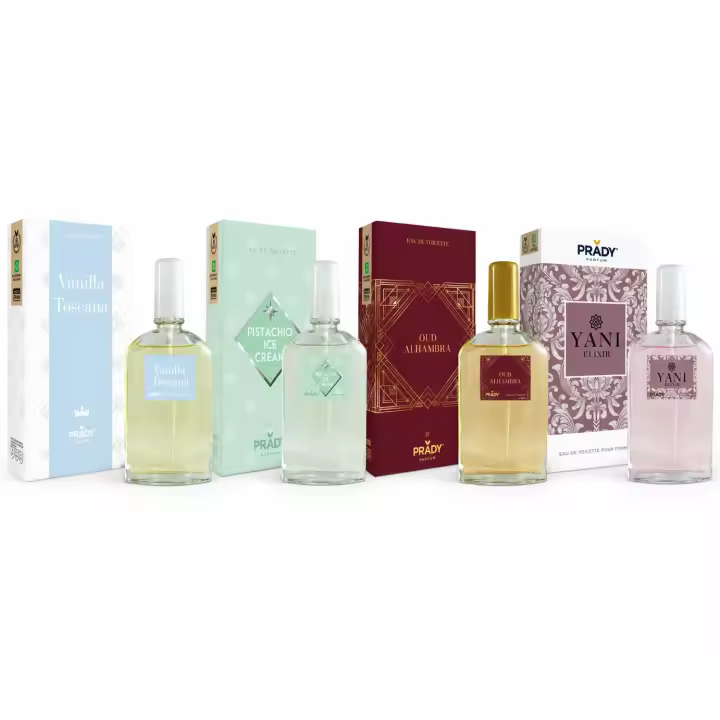 Pack 4 Perfumes Unisex Prady Eau de Toilette 85/90ml – Vanilla Toscana, Pistachio Ice Cream, Oud Alhambra y Yani Elixir – Fragancias Dulces, Gourmand, Árabes y Amaderadas de Larga Duración para Hombre y Mujer - 1