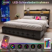 Cama de matrimonio 140x190 cm con almacenaje, cabecera LED RGB, cargador integrado y tapizado negro - details 0