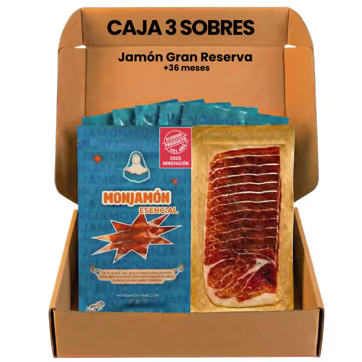3 SOBRES DE JAMÓN GRAN RESERVA 24 MESES MONJAMON | ELEGIDO PRODUCTO DEL AÑO 2025 | Ibérico fuera de norma | 80g/ud |240gr/total | Producto Artesanal Curación Tradicional - 1