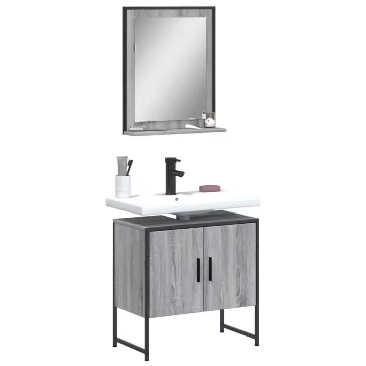 vidaXL Set de muebles de baño 2 pzas madera de ingeniería en color Roble Sonoma/Gris sonoma/Marrón roble y más | almacenamiento funcional diseño moderno para baño dormitorio sala - 1