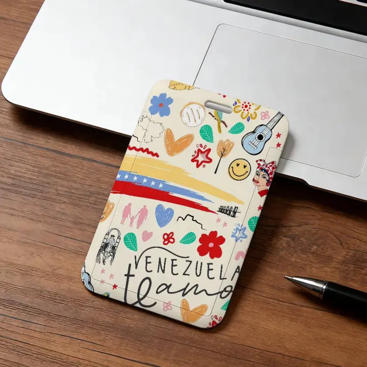 Porta Tarjetas De Identificación Y Crédito Con Ventana Transparente Para Mujer Venezuela Marca Moda Arte Patrón Protector Con Correa Negra Para Regalo Oficina Escuela - 1