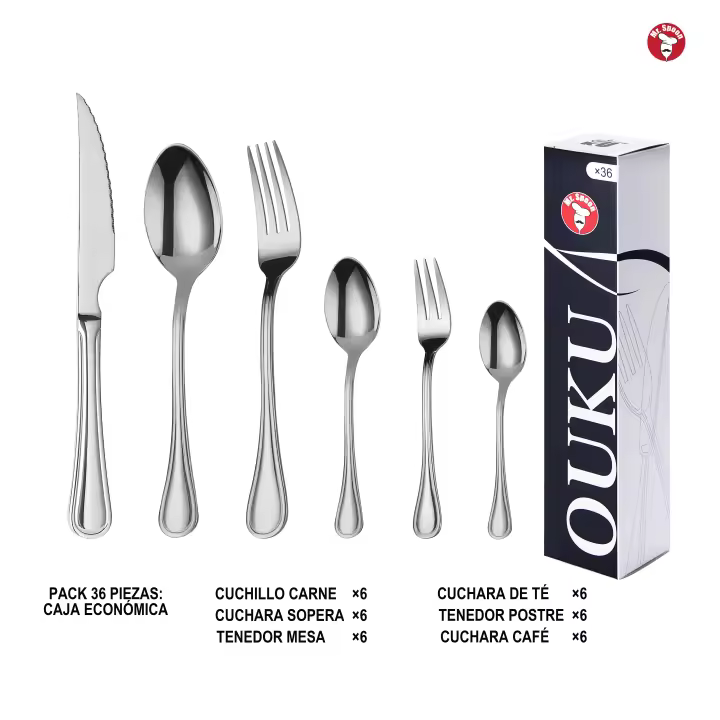 Mr.Spoon Serie Raya Juego 20, 30 o 36 piezas cubiertos,Acero Inoxidable 18/0,Económico y funcional,Incluye cuchillo de carne o mesa, tenedor,cuchara,cucharilla,etc,Mango monobloque,Apto para lavavajillas,Empaque ecológico,Ideal para casa,hotel,restaurante - 1