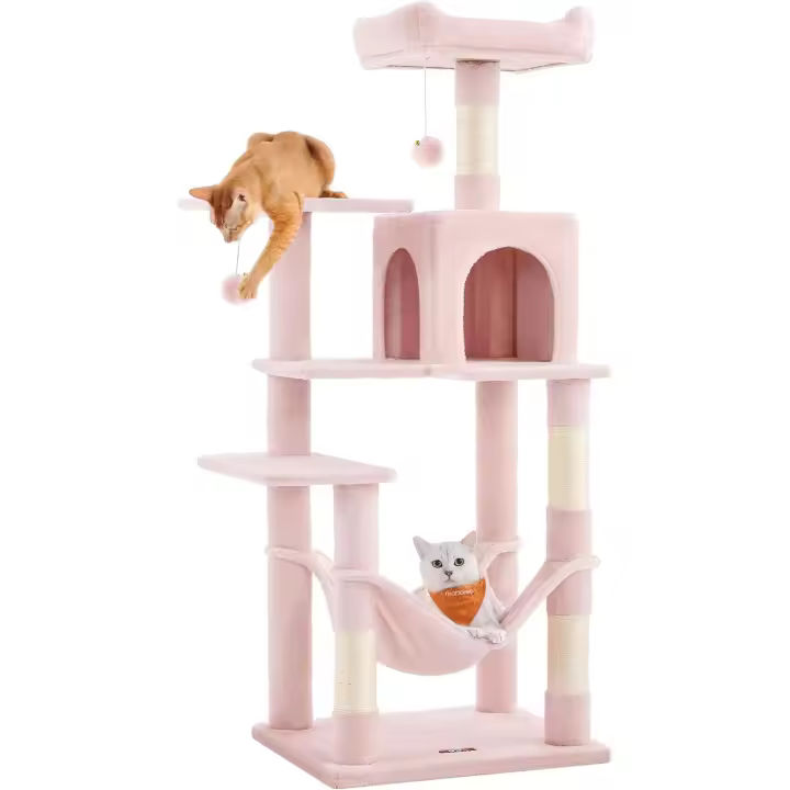 Árbol para Gatos, Altura 143 cm, Torre de Gatos, con 4 Postes Rascadores, 2 Plataformas, 1 Cueva, 1 Hamaca, 2 Pompones, Tela de Felpa, Multinivel, Rosa - 1