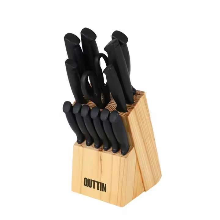 QUTTIN - Juego de Cuchillos de Acero Inoxidable con Mango Antideslizante Negro, Tijeras, Afilador y Bloque de Madera para Cocina Profesional y Doméstica Marca QUTTIN - | Amystyle - 1