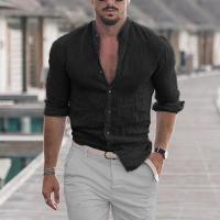 Camisa De Algodón Y Lino Para Hombre Cuello Mandarin Manga Larga Suéter Casual Primavera Otoño Moda Top Libre Talla - details 1