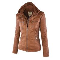 Chaqueta De Cuero Sintético Para Mujer Estilo Motociclista Con Capucha Negro Otoño-invierno Cierre De Cremallera Largo Regular - details 6