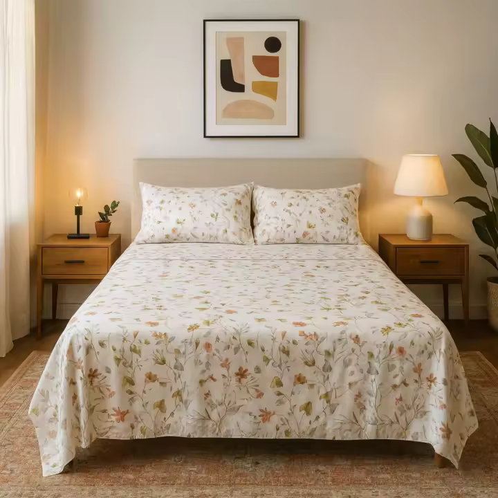 Juego de Sábanas 3/4 Piezas 100% Algodón Alo Home Flores Rosa Cama de 90/135/150 cm + Funda de Almohada + Bajera Ajustable - 1