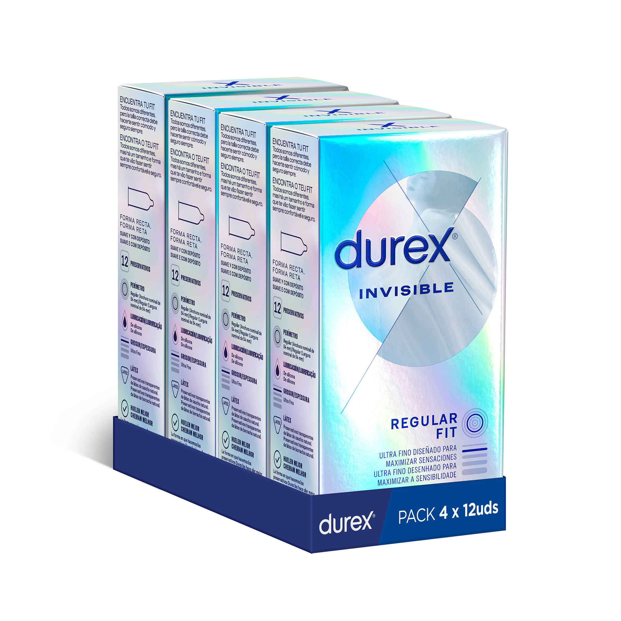 Durex - Condones Invisible, Pack de 48 Preservativos para Sexo Seguro. Perímetro Regular, Grosor Ultra Fino. 4 Cajitas