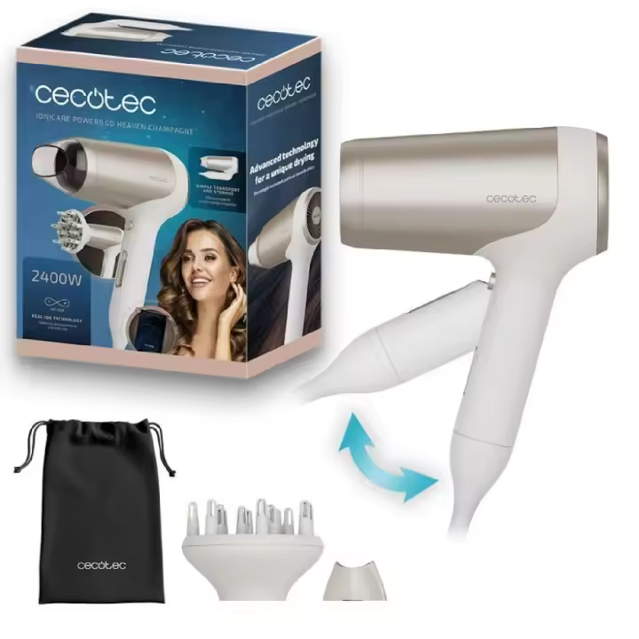Cecotec Secador de Pelo Plegable IoniCare Power&Travel Champagne. 2400W, Motor DC, Tecnología de Iones Reales, Compacto - 1