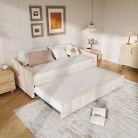 Sofá Cama Extensible 90 x 200 cm en Terciopelo Color Crema, Cama Nido 2 en 1 con Cama Auxiliar Extraíble, Estructura Metálica, Bolsillos Laterales y Diseño Acolchado - details 2
