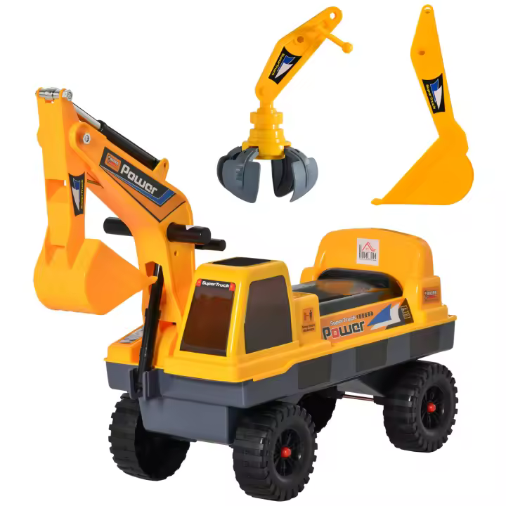 HOMCOM Tractor sin Pedales para Niños de 2-3 Años Excavadora Correpasillos con Pala Delantera Luces Música y Espacio de Alamcenaje Oculto 90x28x58 cm Amarillo - 1