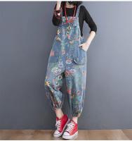 Traje De Mujer Estilo Callejero Floral Impresión Denim Con Tirantes Dungarees Rompers Cargo Pantalones Anchos De Pierna Pantalones De Sobrero - details 4