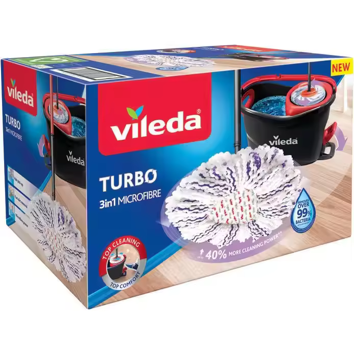Vileda | Sistema Turbo 3en1 o Sistema Turbo 3en1 + 2 Recambios I Set de fregona giratoria y cubo con pedal I Mango telescópico 85 -123 cm I Cabezal de microfibra I Sostenible I Limpia la suciedad díficil - 1