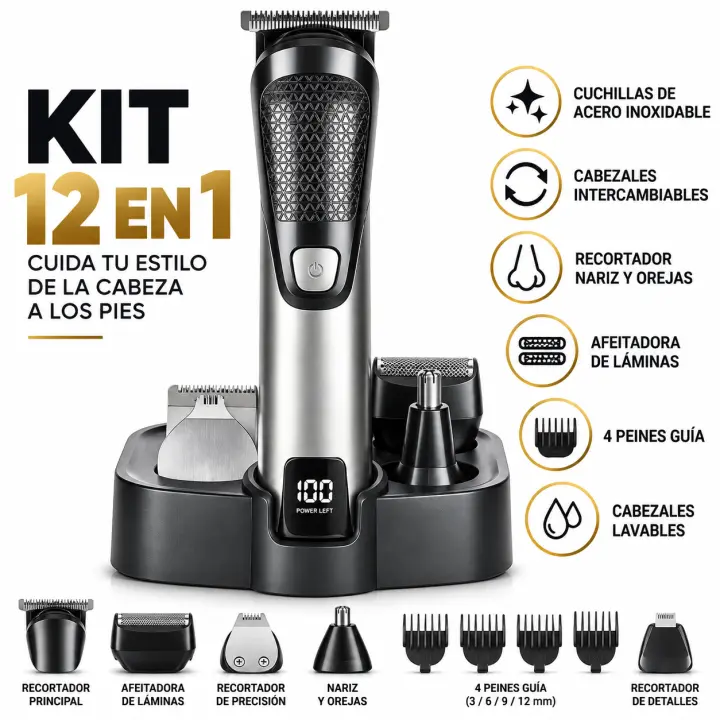 Extrastar - Cortapelos profesional 12 en 1 Extrastar para hombre - Kit de afeitadora eléctrica, recortador de barba y nariz con cuchillas de acero inoxidable - 1