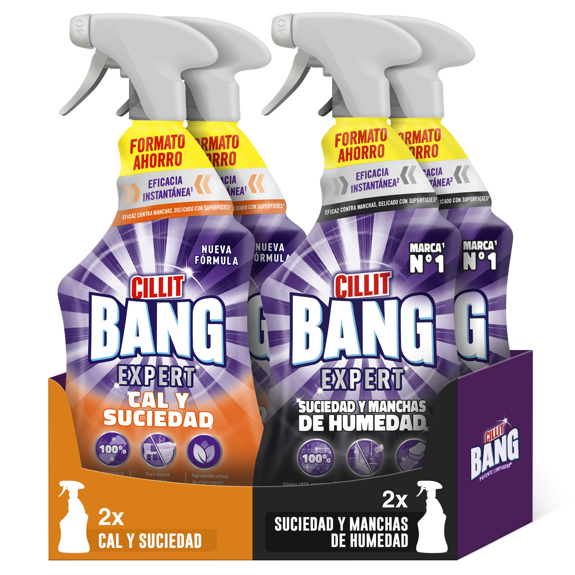 Cillit Bang - Pack 2 sprays Cal y Suciedad 1L + 2 sprays Suciedad y humedad manchas negras para baño 1L