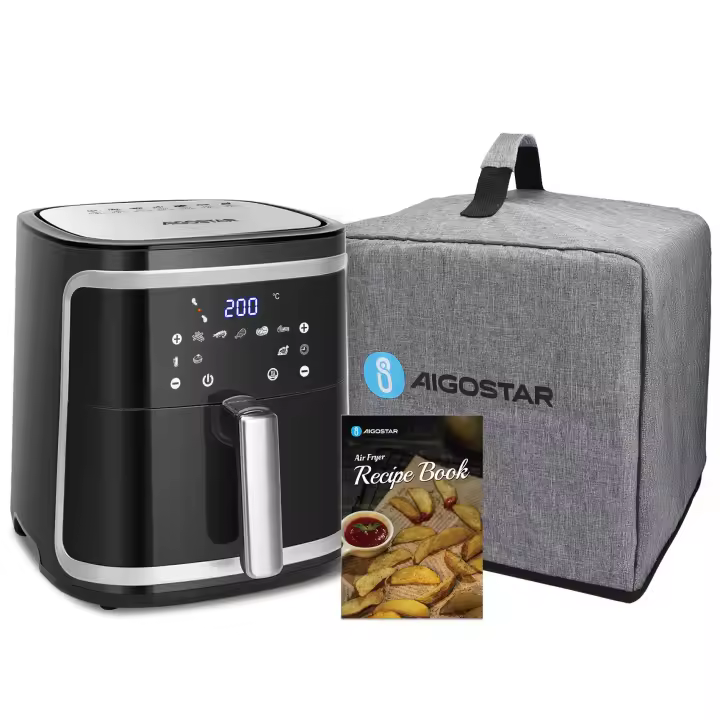 AIGOSTAR Freidora de Aire sin Aceite con Tapa Antipolvo - Pantalla LED Táctil, Gran Capacidad de 7L, Libro de Recetas Incluido, Cesta Antiadherente, Temporizador, 1900W,Negro. - 1