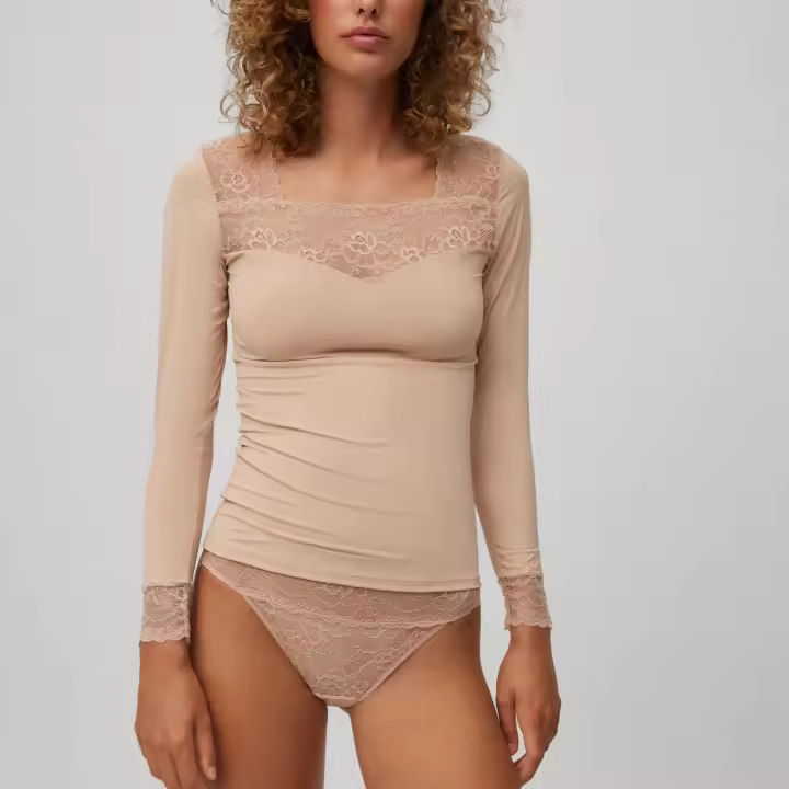 Ysabel Mora - Camiseta manga larga encaje escote y puños nude - 1