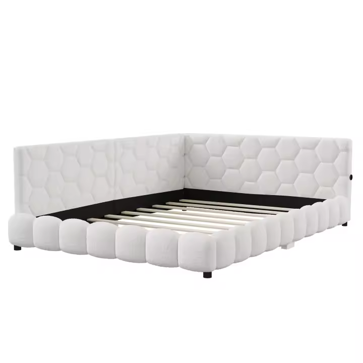 Cama infantil 140x200 cm tapizada en borreguito, rosa o blanca, con cabecero acolchado y laterales protectores - 1