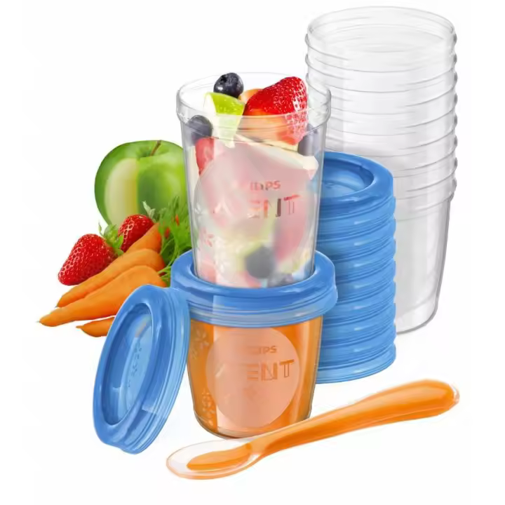 Philips AVENT, Set de Almacenamiento de comida para tu Bebé. Incluye 10 recipientes de 180ml, 10 recipientes de 240ml, 20 tapas, 1 cuchara y 1 libro de recetas para tu Bebé. (SCF721/20) - 1
